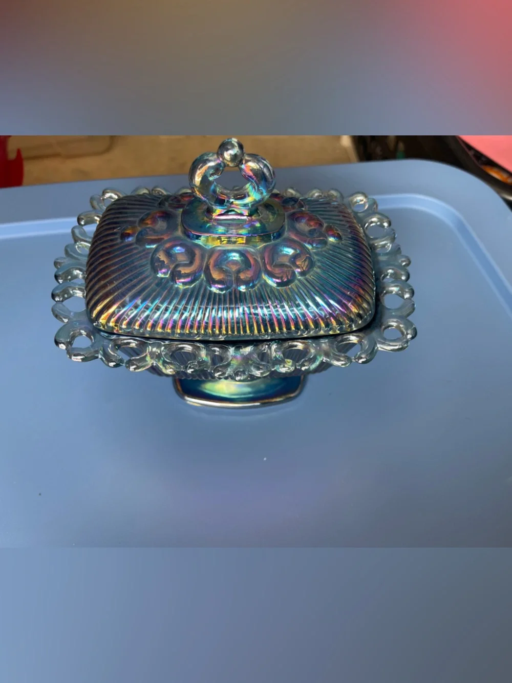 Iridescent Blue Glass Covered Dish - Decorative Home Accent